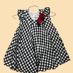 Bonnie Jean Black and White Plaid Dress with Red Floral Detail size 6